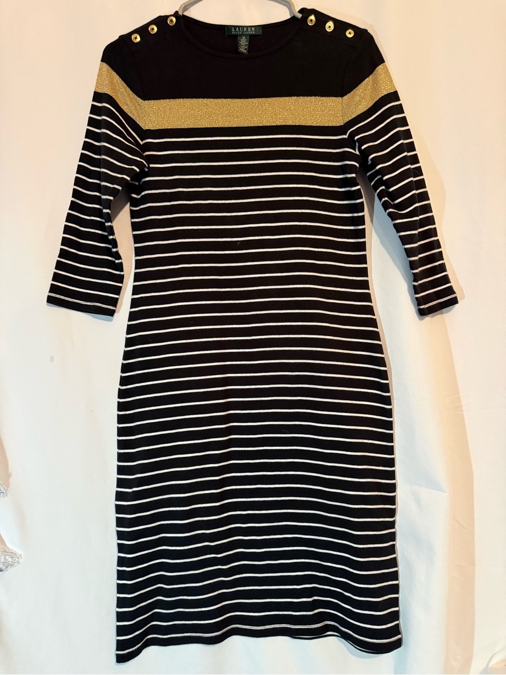 Lauren Ralph Lauren M Black White Striped Dress Gold Metallic Button Nautical